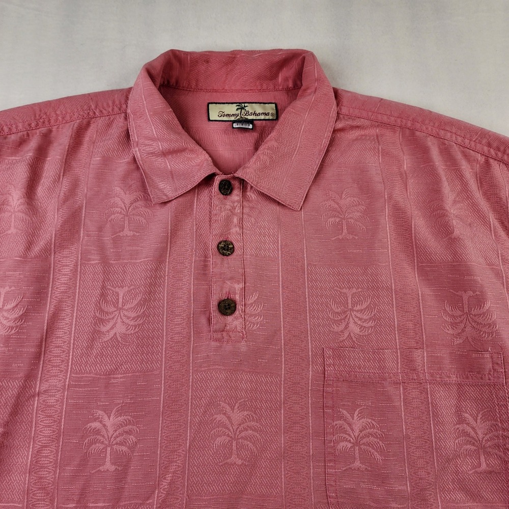 Tommy Bahama Polo Shirt Mens Large Salmon Pink 100%‎ Silk Palm Tree Jacquard S/S